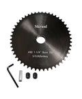 Rock Hard 16 Tooth #40 Roller Chain Sprocket With 1-1/4 Inch Bore Keyway Heavy Duty Black Oxide Finish Induction Heat Treated Teeth viewed from above with accessories.