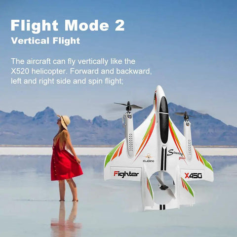 Pro Level RC Airplane For Adults, 2.4G 6CH Glider With 3 Flight Modes flying in vertical mode over scenic landscape.