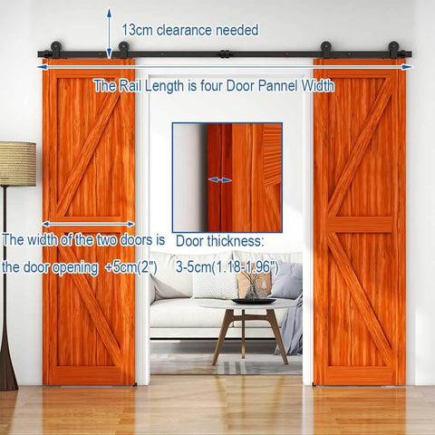 8Ft Sliding Barn Door Hardware Kit For 24 Inch Wide Double Doors Top Mount Roller Matte Black Finish Smooth Quiet Operation Beefy Heavy Duty Iron Track Supports Up To 330Lb installed on wooden doors.
