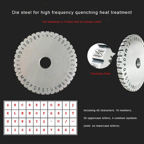 Knockout Chrome Steel Character Wheel For Metal Stamping And Nameplate Marking Sets with 80.5mm diameter and 14.1mm bore.
