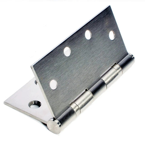 Close-up of Six Pack 4.5 Inch By 4.5 Inch Heavy Duty Stainless Steel Door Hinges With Ball Bearing, polished metal finish, three holes visible.