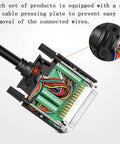 Close-up of DB25 Solderless Connector 10 Piece Set with cable pressing plate for secure wiring, showing internal connections and colors.