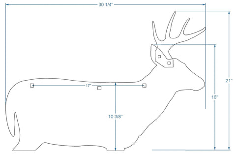 Diagram of Deer Buck Silhouette AR500 Steel Target 21 Inch By 30 Inch with mounting holes and disassembled antlers.