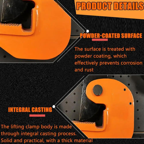 Close-up of Top Shelf Horizontal Plate Lifting Clamp For Steel And Stone With 5 Ton Capacity Knockout Grip System, showing powder-coated surface and integral casting details.