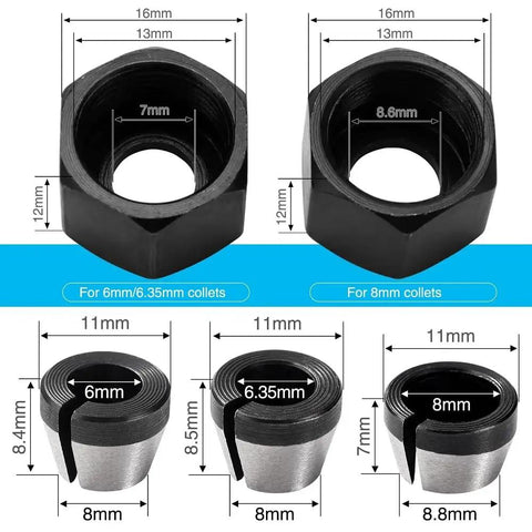 Pack Of 3 Collet Adapters For Straight Grinder 6 Mm 6.35 Mm 8 Mm Chuck Collet Adapters With 2 Clamping Nuts diagram