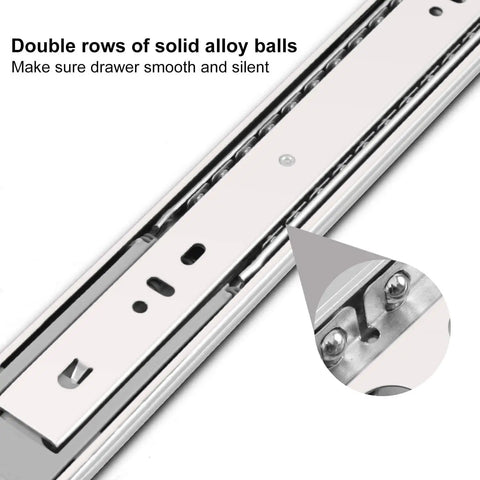 Close-up of 20 Inch Soft Close Drawer Slides Two Pairs Beefy Heavy Duty Side Bottom Mount Rails Ball Bearing Full Extension
