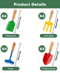 16 Piece Garden Tools Set with Wooden Handles including 4 flat shovels, 4 rakes, 4 hoes, and 4 pointed shovels for garden or sandbox use