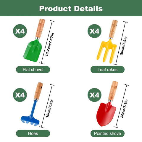16 Piece Garden Tools Set with Wooden Handles including 4 flat shovels, 4 rakes, 4 hoes, and 4 pointed shovels for garden or sandbox use