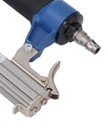 Professional Pneumatic Brad Nailer Built Knockout Tough For Woodworking Jobs Holds Up To One Hundred Nails close-up of trigger and air connector.