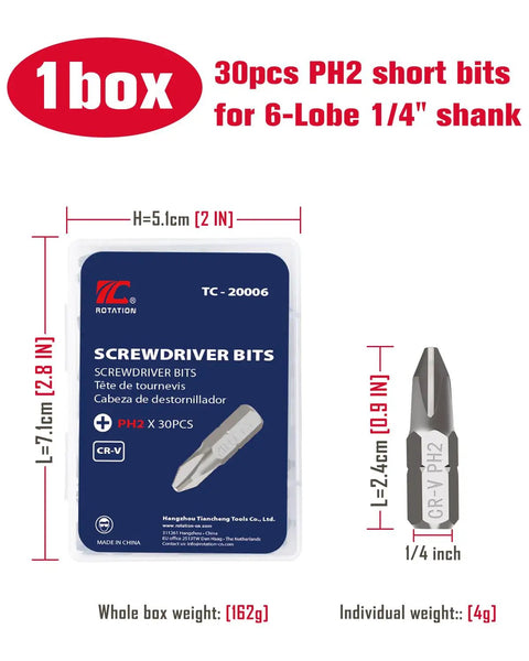 Packaging of 30 Piece PH2 Phillips Bit Set For Impact Drivers, showing dimensions and weight details.