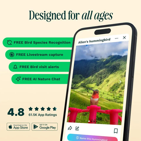 Smart Solar Pro Hummingbird Feeder With Camera And AI Bird Identification 2K Video Capture 5MP Photos app interface on phone