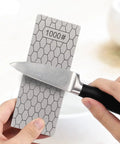 11 Piece Diamond Sharpening Stone Set With Angle Guide And Leather Strop, knife on 1000 grit whetstone honeycomb surface