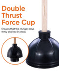 Classic Heavy Duty Toilet And Sink Plunger With 21 Inch Natural Wood Handle, Thick Black Rubber Cup, Built Tough To Blast Away Stubborn Clogs, Easy Suction For Quick Fixes with double thrust force cup.