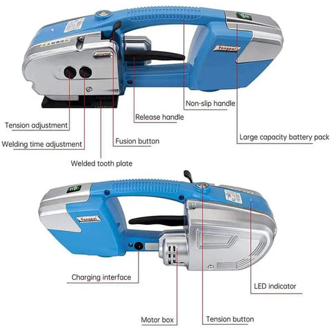 Easy Grip Cordless Electric Strapping Machine Automatic Hot Seal Pallet Bundler Battery Powered For 13 To 16 Mm PP PET Tape, features labeled for adjustments and battery.