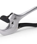 Side view of Heavy Duty One Hand Ratchet Pipe Cutter For PEX PVC And Plastic Hose Up To 2-1/2 Inch Aluminum Body With SK5 Blade