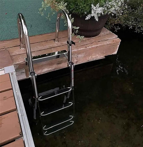 Folding Dock Boat Ladder 4 Step Heavy Duty Stainless Steel Marine Yacht Ladder With Removable Swim Deck Non Slip Pedals And Hand Rail Telescoping Design For Easy Safe Boarding on dock