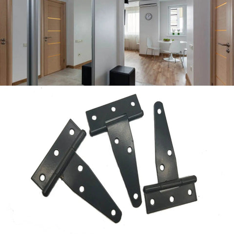 Four Six Pack Galvanized T Hinges Slotted Triangular Door Hinges 7.9 Inch Heavy Duty Rustproof Iron on white background