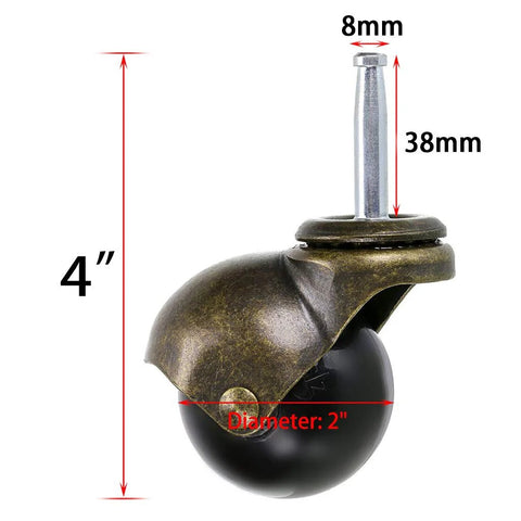 Four Pack 2 Inch Stem Casters With Antique Ball Wheel And Insert Sockets For Sofas, Chairs, And Cabinets Replacement Mounting Stem 8 Millimeter By 38 Millimeter Heavy Duty Polypropylene And Steel 88 Pounds Load Per Caster Smooth 360 Degree Rotation