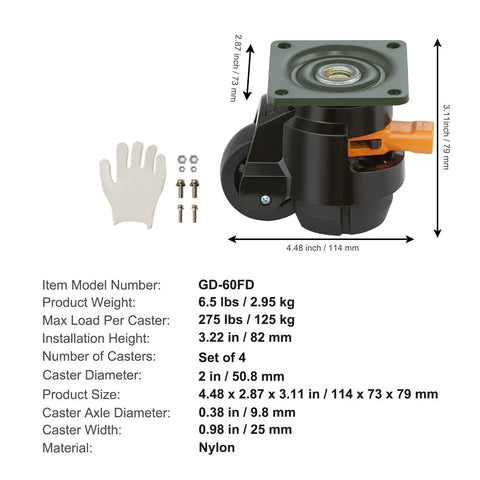 Image of Four Pack Heavy Duty Leveling Casters With Smooth Roller Swivel Wheels And Quick Twist Height Adjustment Handles For Big Time Workshop Stability Plus Rubber Floor Savvy Workbench Pads with installation details and components.