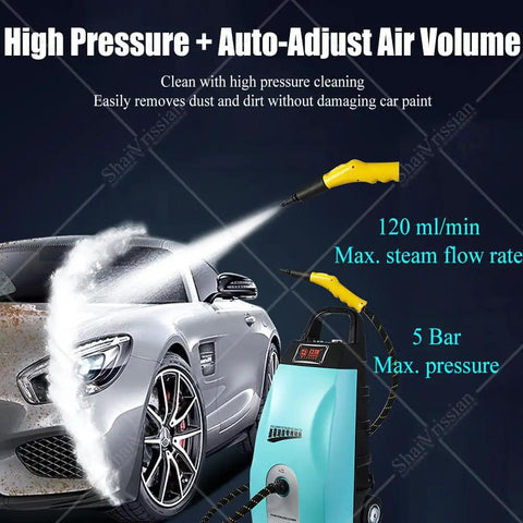 Heavy Duty Steam Cleaner With Continuous Steam Output For Tile Grout Kitchen Grease Auto Detailing And Floor Cleaning spraying dirt off a car.