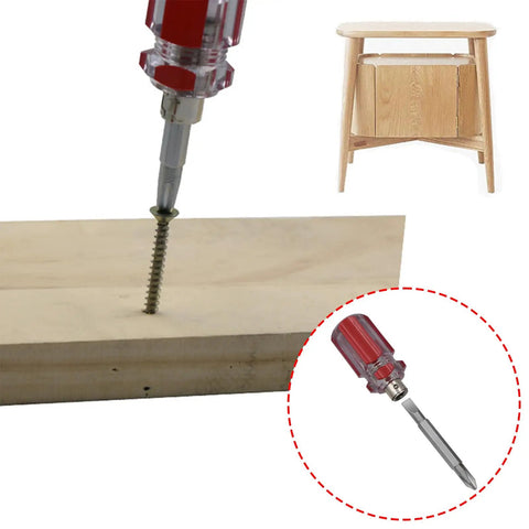 Grab And Go Mini Screwdriver Set For Home DIY And Quick Fixes, Double Ended With Flathead And Phillips Tips, shown in use on wood panel.