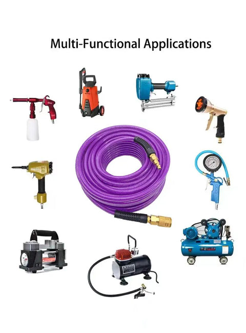 Rock Solid 1/4 Inch By 50 Foot Reinforced PU Air Hose With Swivel Quick Coupler And Male Plug Bend Restrictor heavy duty use with various tools.