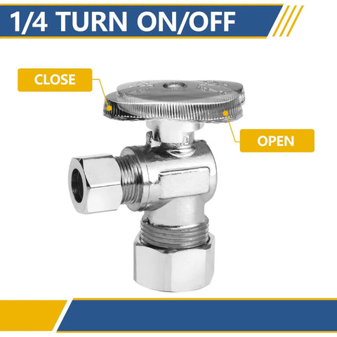 Angle Stop Valve One Quarter Turn Water Shut Off Valve, Twenty Pack, Lead Free Brass with Chrome Finish, Compression Inlet Five Eighths Inch to Half Inch Pipes, UPC Certified, Built To Last And Super Easy To Install, 1/4 turn open-close view