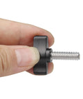 Straight Up Tough Four Pack 1/4x3/4 Inch Thumb Screws With Smooth Turning Matte Black Aluminum Knobs shown being held.