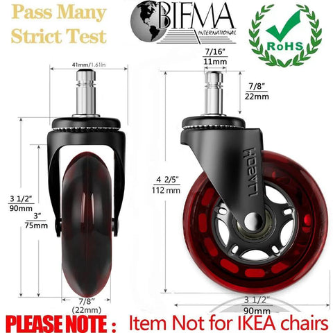 Office Chair Casters Set Of 5 3 Inch Rubber Wheels 11x22mm With Soft Polyurethane Shell Safe On All Floors Including Hardwood And Carpet Smooth Silent Rolling Red Replacement Caster Wheels front and side view
