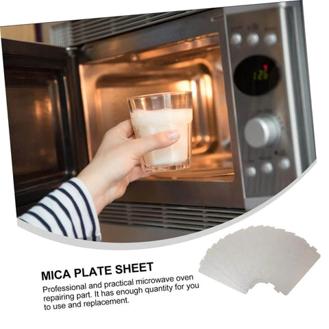 Person placing a glass in a microwave; bottom overlay shows Six Piece Microwave Waveguide Mica Sheet Set for heat insulation and fire retardant covers.