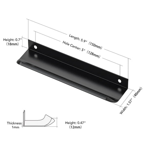 Diagram of 10 Pack Black Finger Edge Pulls For Cabinets And Drawers, 5.9 Inch Length 150mm With 5 Inch Hole Center 128mm, dimensions shown