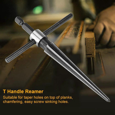 Angled side view of T-handle taper reamer tool with 1/4 in hex shank, 6-flute 45# steel blade for chamfering taper holes