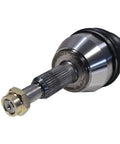Left Rear Driver Side CV Axle Shaft Assembly For OE Fit And Smooth Ride Premium Quality Axle With Balanced Shaft And Durable Construction For Reliable Drivetrain Performance. CV axle end with splined shaft, threaded tip, and boot
