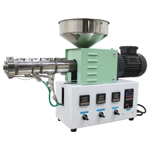 Heavy Duty Desktop Single Screw Plastic Extruder For Custom 3D Filament PEEK ABS PLA PETG TPU Material showing motor and hopper.