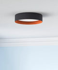 Flush Mount LED Ceiling Light 13 Inch With Matte Black Finish And Wood Accent, 3000K Warm White, Dimmable 18W installed on ceiling