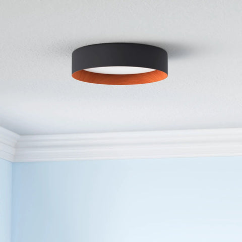 Flush Mount LED Ceiling Light 13 Inch With Matte Black Finish And Wood Accent, 3000K Warm White, Dimmable 18W installed on ceiling