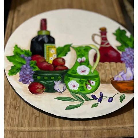 Hand Painted 13 Inch Lazy Susan With Wine And Fruit Design, Bamboo Turntable Serving Tray With Painted Wine Bottles and Fruits
