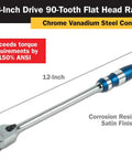 Three Eighth Inch Drive Flat Head Ratchet 12 Inch Length 90 Tooth Reversible Mechanism 4 Degree Sweep Built To Last Chrome Vanadium Steel Satin