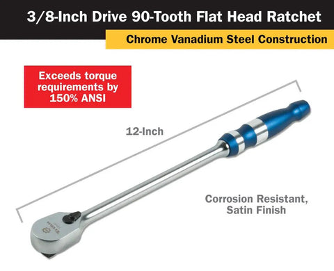 Three Eighth Inch Drive Flat Head Ratchet 12 Inch Length 90 Tooth Reversible Mechanism 4 Degree Sweep Built To Last Chrome Vanadium Steel Satin