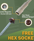 Heavy Duty Metal Roofing Screws For Roofing And Siding 14 By One And A Half Inch 300 Pack Brown Painted Anti Corrosion Coating Easy Install Hex Head With Rubber Washer Sharp Point Hex Socket Included 1022A Carbon Steel By LIONMAX, showing hex socket and screw details.