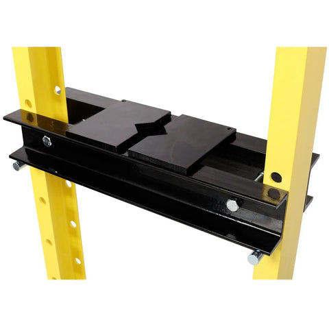 Close-up of the Hardcore 12 Ton Hydraulic Shop Press With Pressure Gauge and Rock Solid Steel Frame Bottle Jack Rig's black pressing plate.