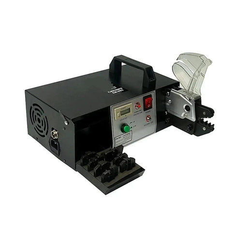 Built Tough Electric Terminal Crimping Machine Cold Crimp Pliers With One Touch Wire Stripper And Cutter showing control panel and handles.