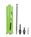 Front view: BETTERI 2-1/2 in dry core drill bit set with pilot and 2 adapters; green housing, diamond core bit