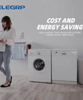 Woman with laundry near washing machines, Single Pole Motion Sensor Light Switch With 120 Degree PIR Coverage, Matte White on wall.