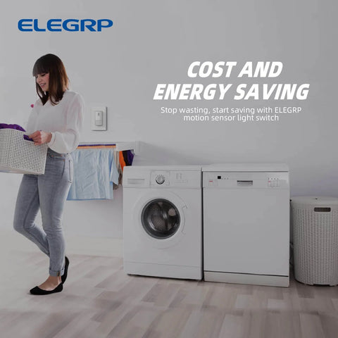 Woman with laundry near washing machines, Single Pole Motion Sensor Light Switch With 120 Degree PIR Coverage, Matte White on wall.