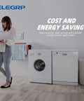 Woman in laundry room using motion sensor light switch with occupancy detection, no neutral wire required, single pole wall switch visible.