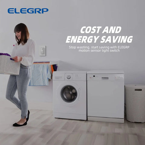 Woman near washer, using Single Pole Motion Sensor Light Switch With Grounding Wire, PIR Infrared Auto On Off, Matte White
