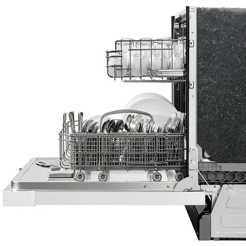 Low Maintenance Front Control Dishwasher Featuring A Hybrid Stainless Tub And Smart Auto Cycle For No Sweat Daily Cleans And Heavy Duty Batch Scraping With Quiet Operation interior view with clean dishes and silverware.