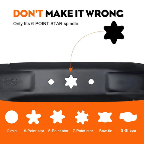 Close-up of 6-point star design center hole on 2 Pack High Lift Mower Blades For 46 Inch Decks, OEM Replacement for Cub Cadet Troy-Bilt