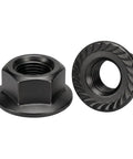 Bad Boy M6 Serrated Flange Hex Lock Nuts 25 Pack Heavy Duty Stainless Steel 304 Black Oxide Finish, close-up view of two nuts.